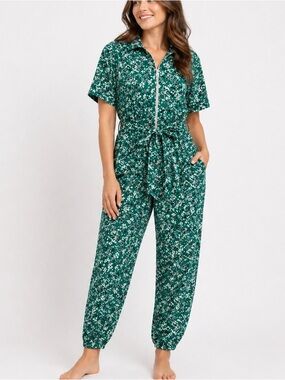 Zara Floral Jumpsuit S Romper Green Zip Front Belted Cotton